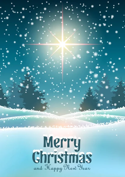 Winter Landscape Forest Dark Big Shinny Star Text Merry Christmas — Stock Vector