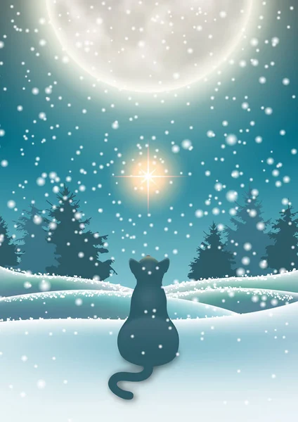Vinter baggrund, kat sidder i sne under månen – Stock-vektor