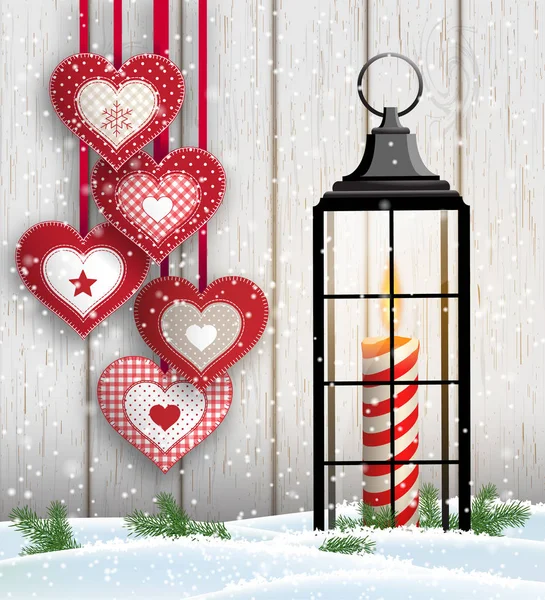 Bodegón de Navidad con corazones y linterna negra — Vector de stock