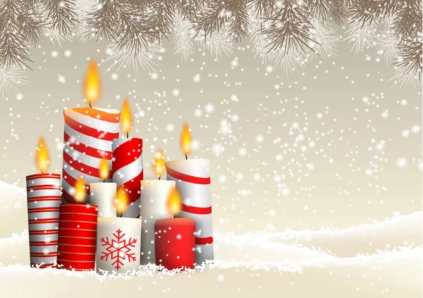 Skupina Vánoční svíčky v zasněžené krajině — Stockový vektor