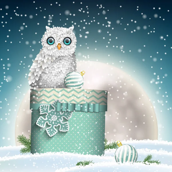 White owl with Christmas gift box and moon — Stock Vector