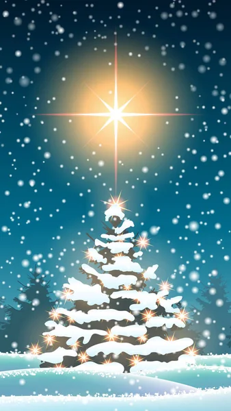 Новорічна ялинка в зимовому пейзажі з великою зіркою — стоковий вектор