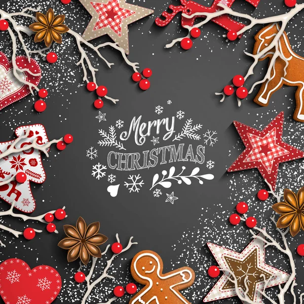 Fondo de Navidad con texto blanco y decoraciones — Vector de stock