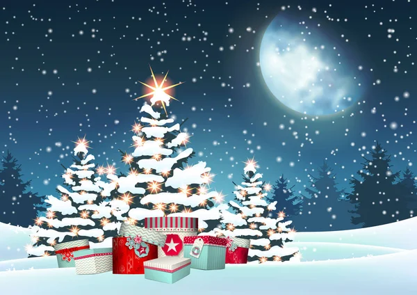 Alberi di Natale e scatole regalo rosse nella neve — Vettoriale Stock