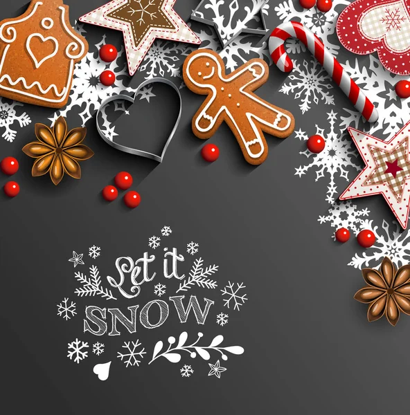Vánoční pozadí s cookies a ornamenty a sněhové vločky — Stockový vektor