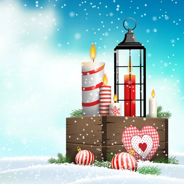 Різдвяний натюрморт, дерев'яна коробка зі свічками та ліхтарем — стоковий вектор