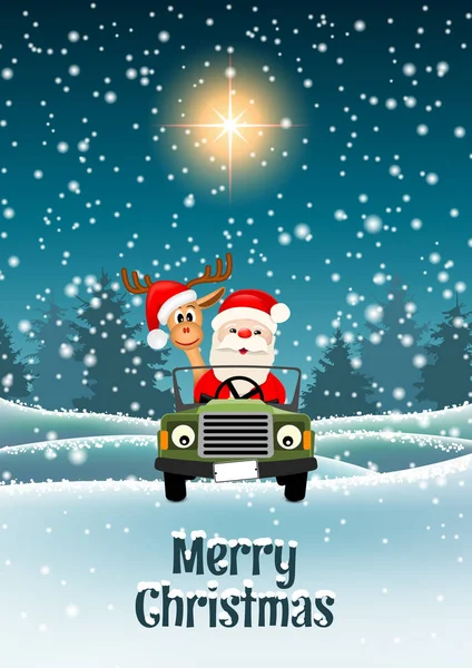 Santa and reindeer in a car in winter landscape — Stock Vector