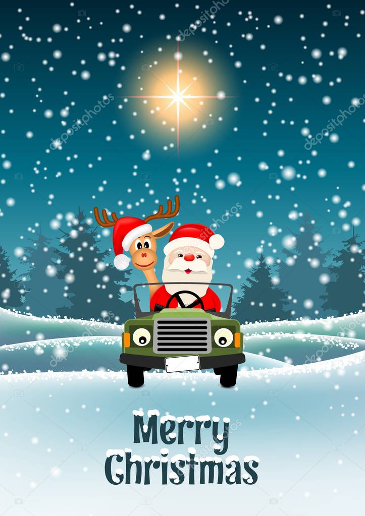 Santa and reindeer in a car in winter landscape