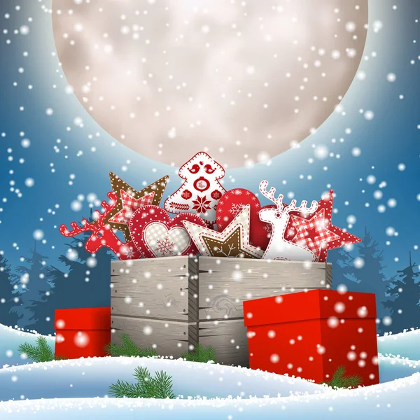 Grupo de adornos navideños en caja de madera vieja — Vector de stock