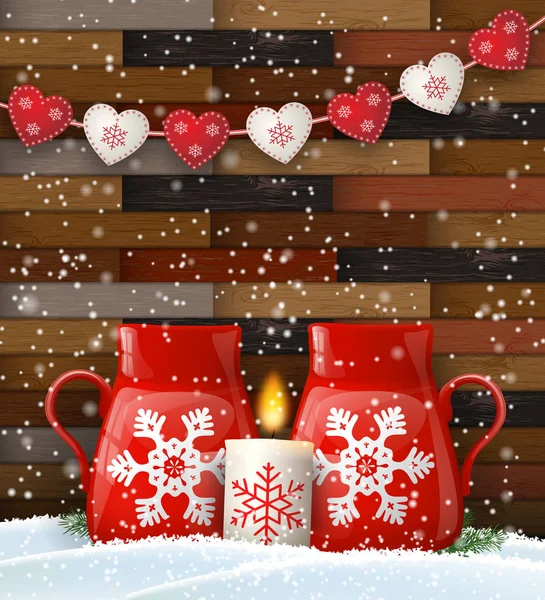 Christmas still-life with candle and tea mugs — Stock Vector