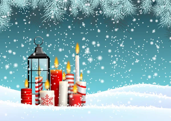 雪の風景にキャンドルがクリスマスのグループ — ストックベクタ