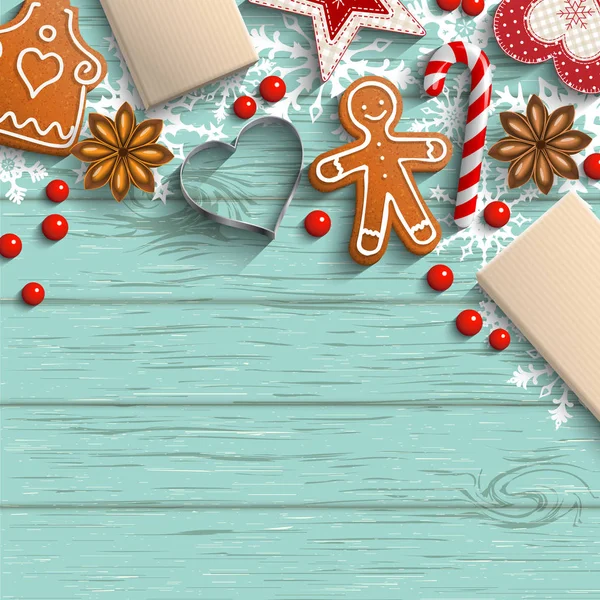 Fundo de Natal com pão de gengibre, especiarias e ornamentos —  Vetores de Stock