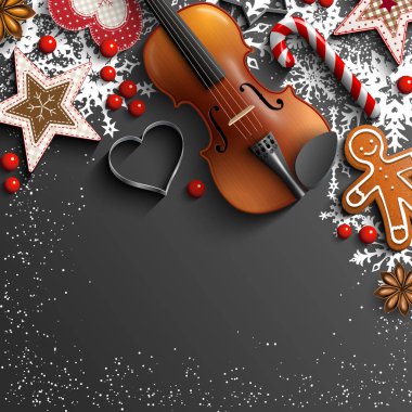 Keman, süs eşyaları ve kar taneleri ile Noel arka plan