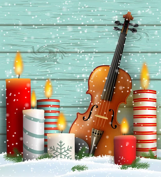 Tema navideño con violín y velas encendidas — Archivo Imágenes Vectoriales