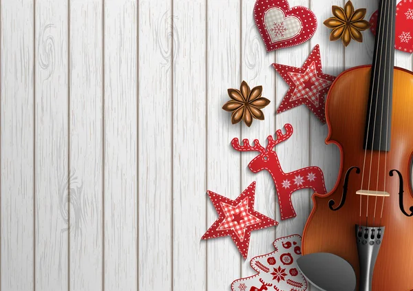白色木头上的小提琴和圣诞装饰品 — 图库矢量图片