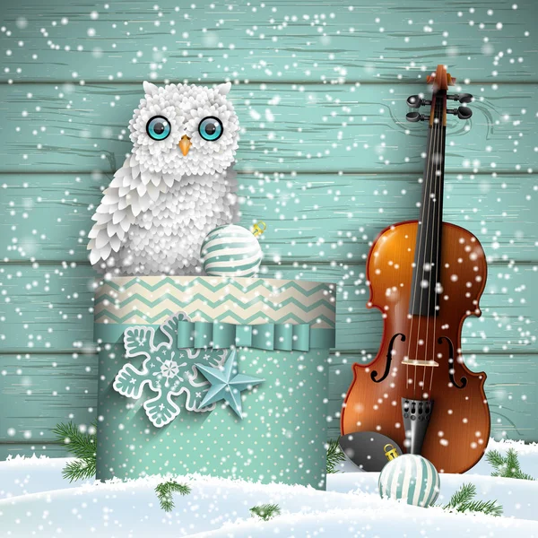 Thème de Noël avec violon et hibou blanc — Image vectorielle