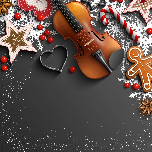 Fond de Noël avec violon, ornements et flocons de neige — Image vectorielle
