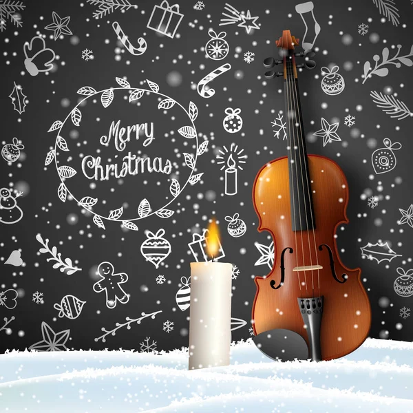 Sfondo natalizio con violino, candela e scarabocchi — Vettoriale Stock