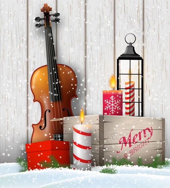Nature morte de Noël avec coffrets cadeaux et violon — Image vectorielle