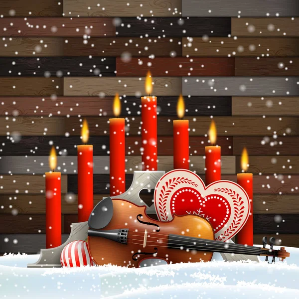 Bougies de Noël avec coeur, bougies et violon — Image vectorielle