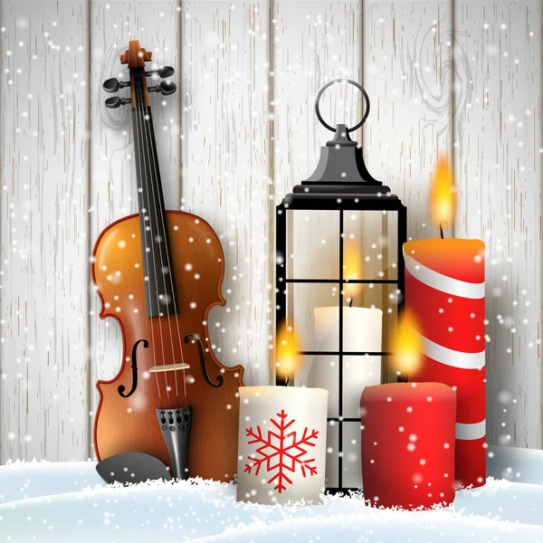 Boże Narodzenie-Martwa natura z dar świece i skrzypce — Wektor stockowy
