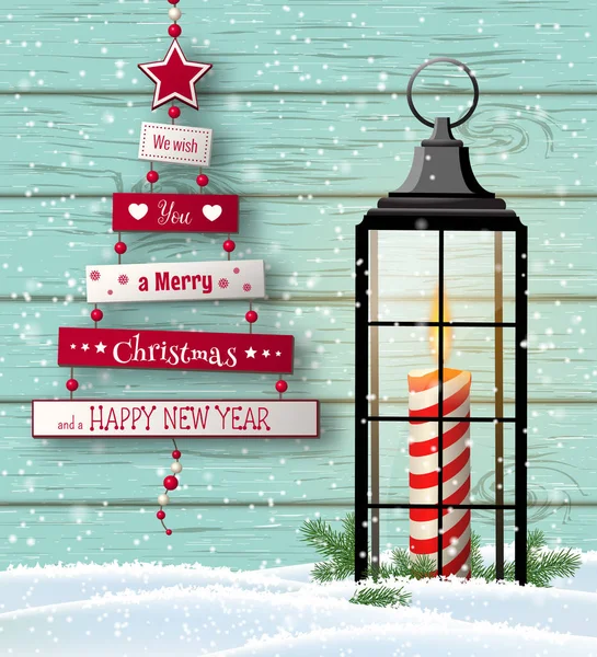 Cartão de Natal com árvore abstrata e lanterna —  Vetores de Stock