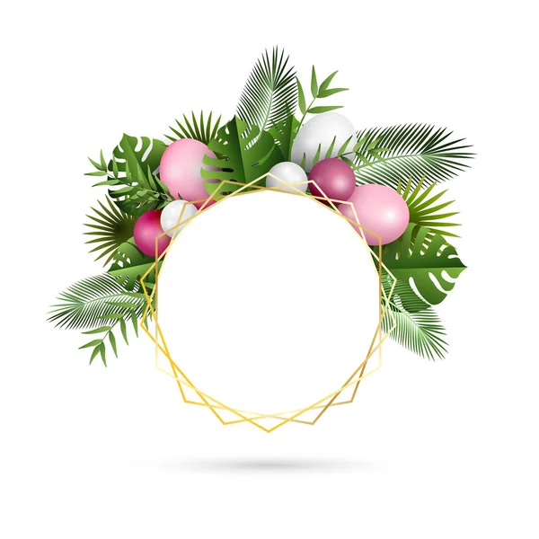 Cadre festif avec ballons et feuilles tropicales, illustration — Image vectorielle