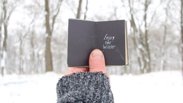 Geniet van het idee van de winter. Boek met inscriptie. Citaat over winterseizoen — Stockvideo