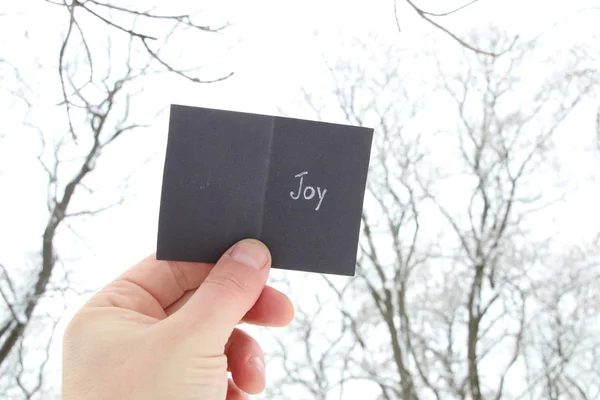 Joy ideia, mão segurando um cartão de Natal com inscrição — Fotografia de Stock