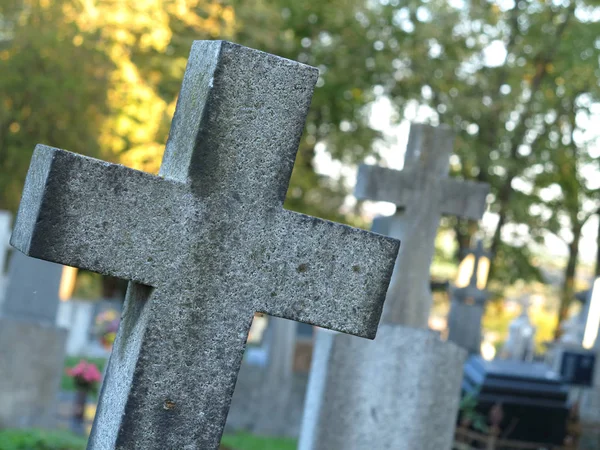 Several graves with granite crosses in cemetery, sunset — Stock Photo, Image