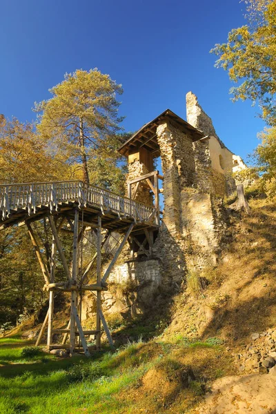 Zničit Hrad Zlenice Dřevěným Mostem Nedaleko Sázavy Česká Republika — Stock fotografie