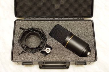 Profesyonel stüdyo kondansatör mikrofon mikrofon depolamak için durum yatıyor