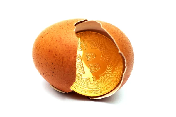 Bitcoin Hatched Egg Bitcoin Lies Eggshell White Background — Stock Photo, Image