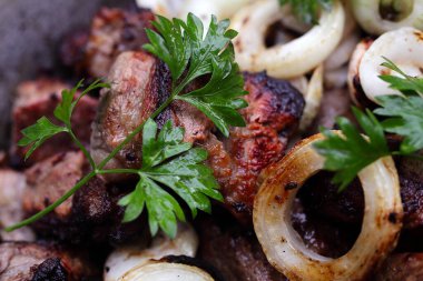 Kebap, şiş ve seçici bir odak noktasından alınan bir tabakta yatar.