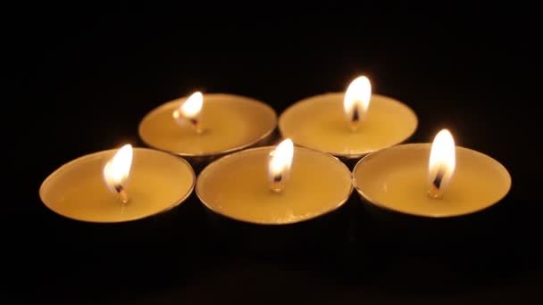 Five Burning Candles Christmas Candles Burn Dark Focus Foreground Candles — Stock Video