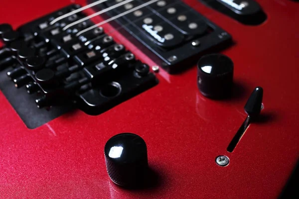 Red Electric Guitar Close Shallow Depth Field Selective Focus Background — Stock Photo, Image