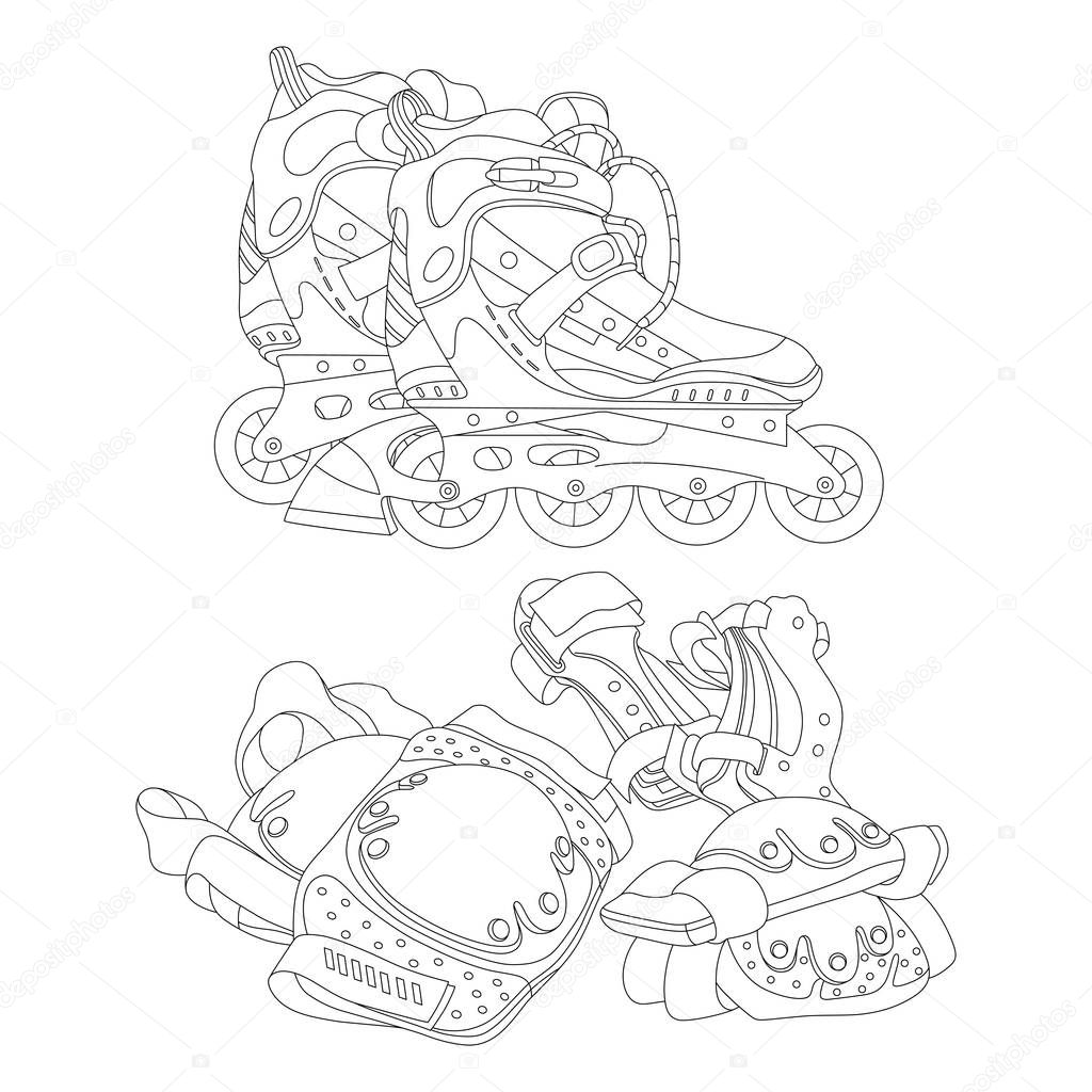 Set of line art vector roller skates and protective gear. Isolated on white background. Hand drawn illustration. Can be used for graphic design, textile design or web design.