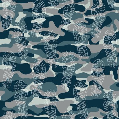 Seamless pattern with traces of military boots on camouflage background. Can be used for graphic design, textile design or web design. clipart