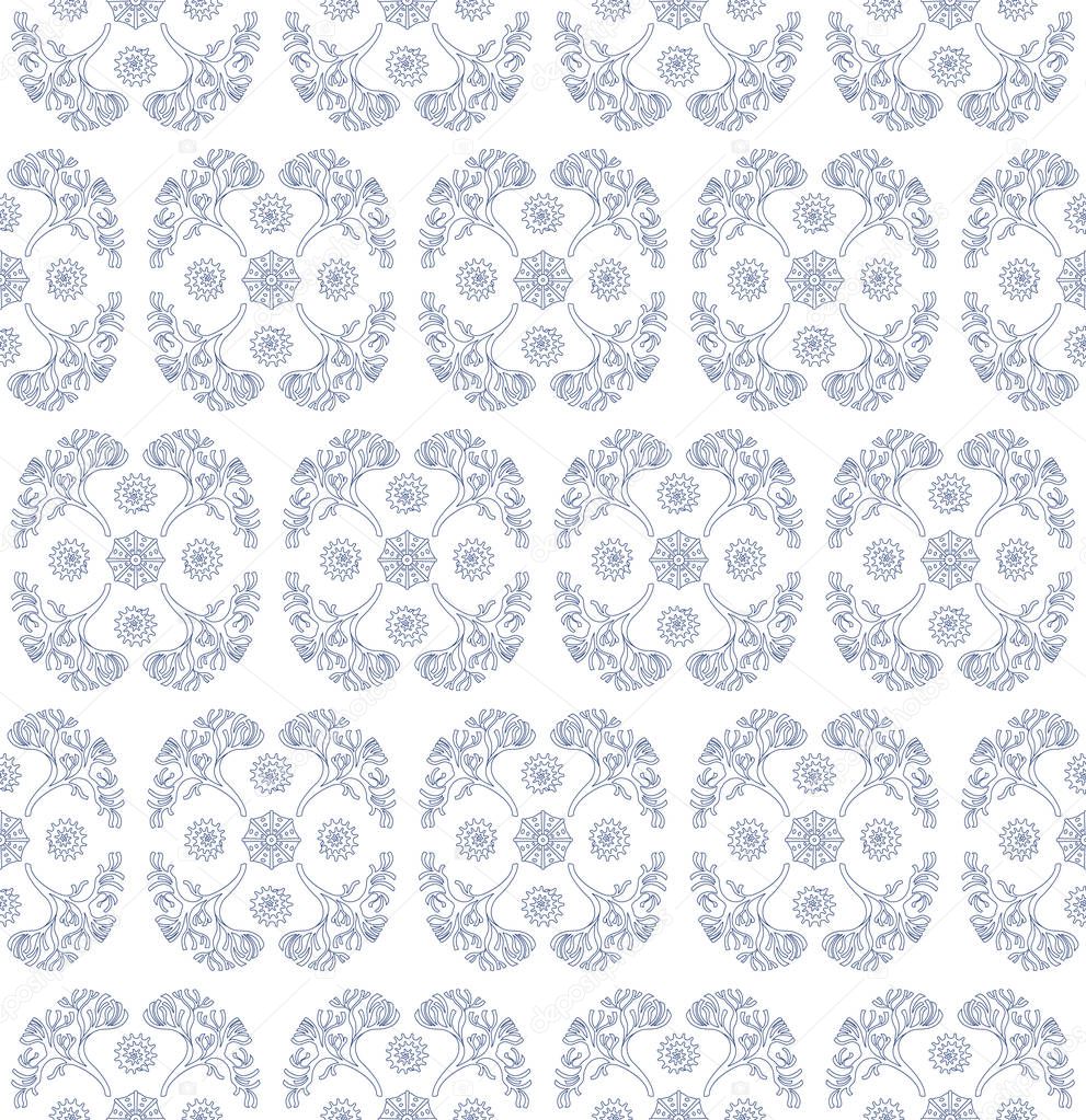 Seamless vector pattern with algae and shells groups on white background. Can be used for graphic design, textile design or web design.