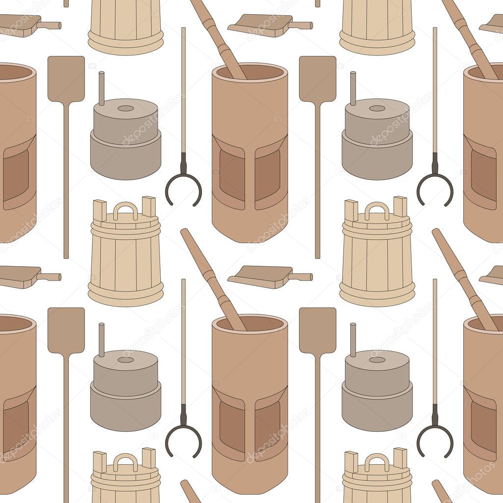 Seamless vector pattern with Old Russian kitchen utensils on white background. Can be used for graphic design, textile design or web design.