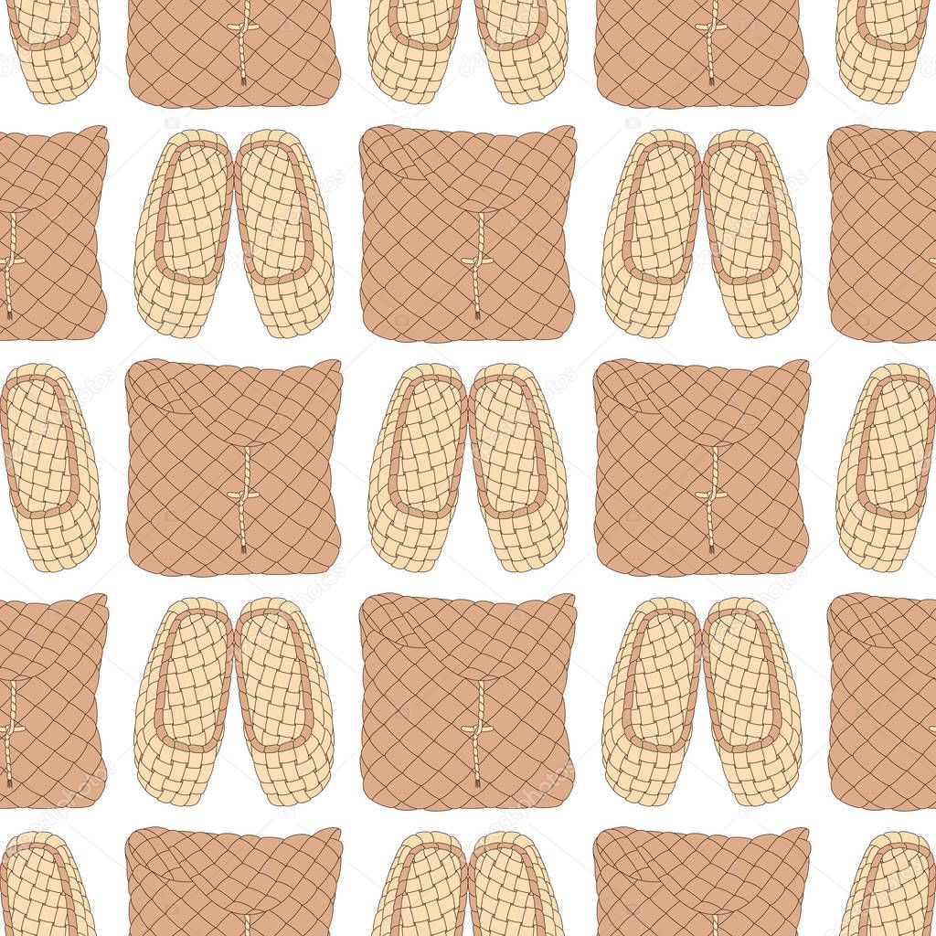 Seamless vector pattern with Old Russian bast shoes and birch-bark baskets on white background. Can be used for graphic design, textile design or web design.