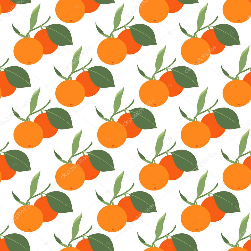 seamless pattern with two tangerines and leaves on white background