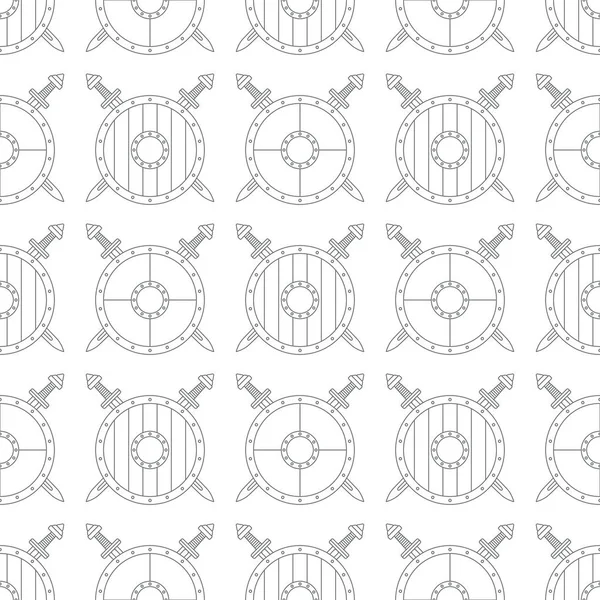 Seamless pattern with viking shields and swords on white background — Stock Vector