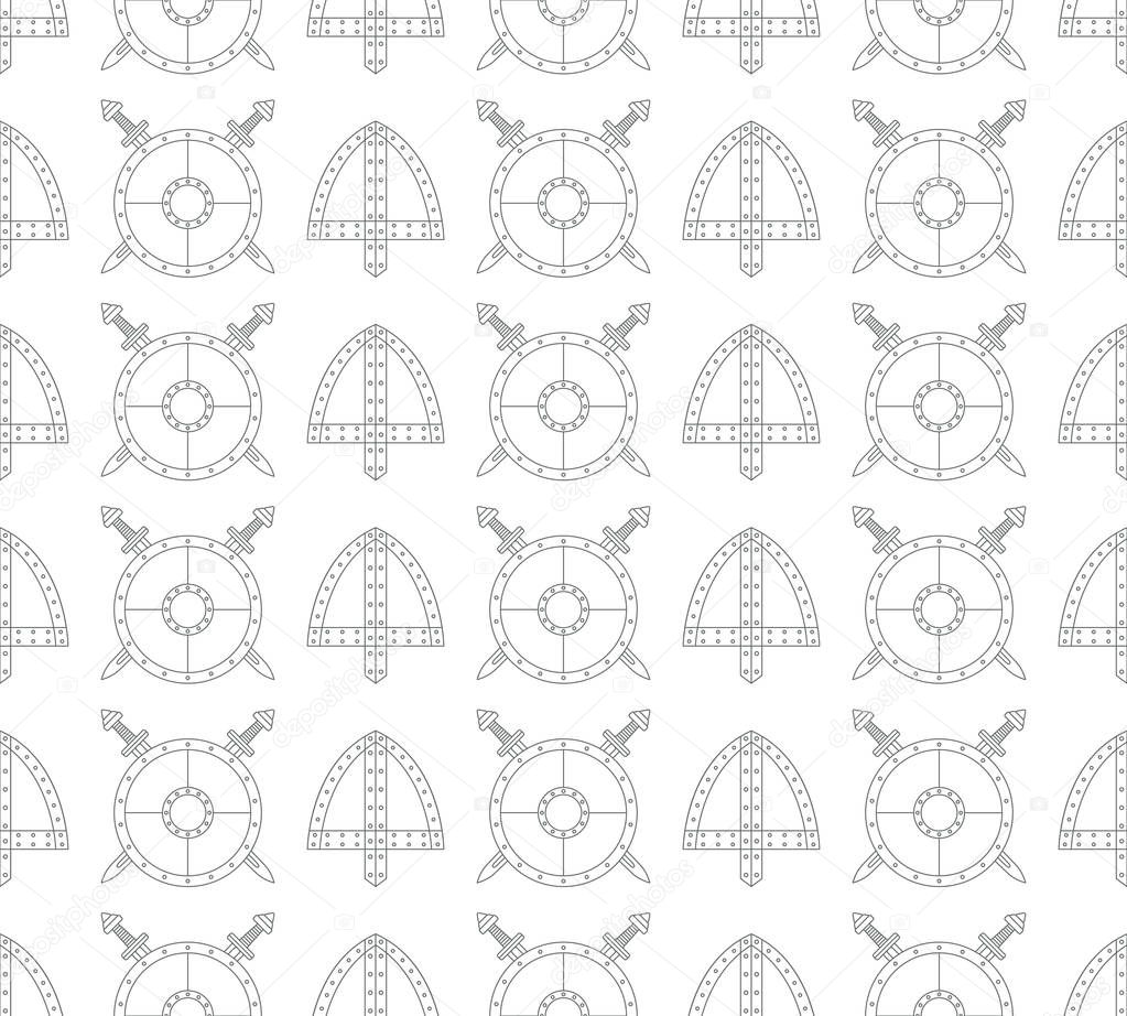 seamless viking pattern with shields, swords and combat helmets