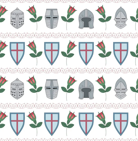 Patrón sin costuras con cascos medievales, escudos y rosas — Archivo Imágenes Vectoriales