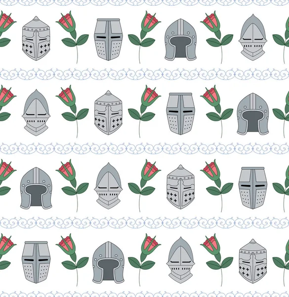 Motif sans couture avec casques médiévaux et roses — Image vectorielle