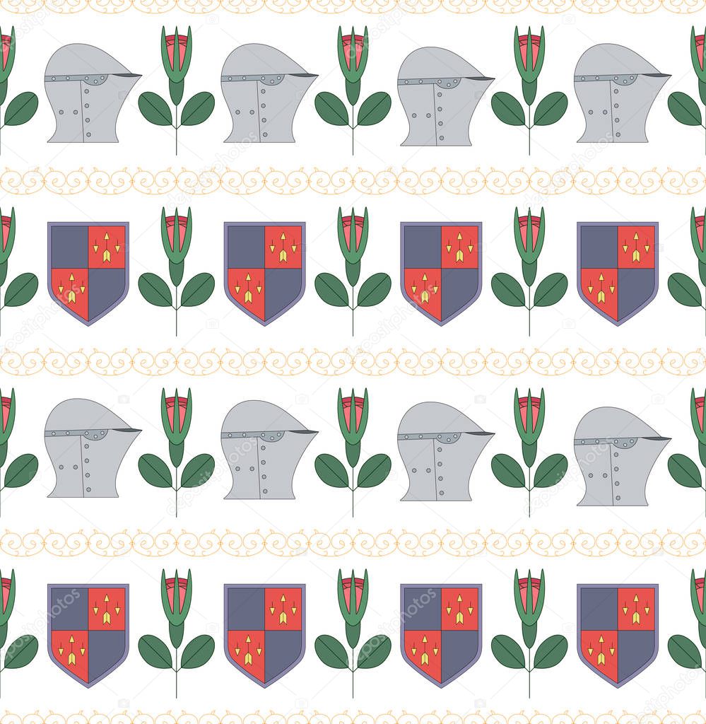 seamless pattern with medieval helmets, shields and roses on whi