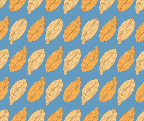 Motif sans couture avec des plumes orange sur fond bleu — Image vectorielle