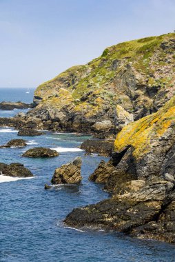 Mavi deniz, siyah kayalar ve acı çekenleri cliff üzerinde wild coast, Belle-Ile, Brittany, Fransa