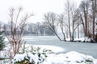 Çıplak ağaçlar ve donmuş göl Enghien-les-Bains kar düşme